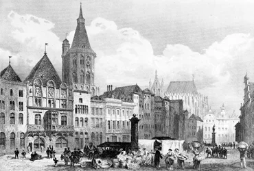 Alter Markt (Colonia) con municipio e torre del municipio. Sullo sfondo la cattedrale di Colonia ancora incompiuta